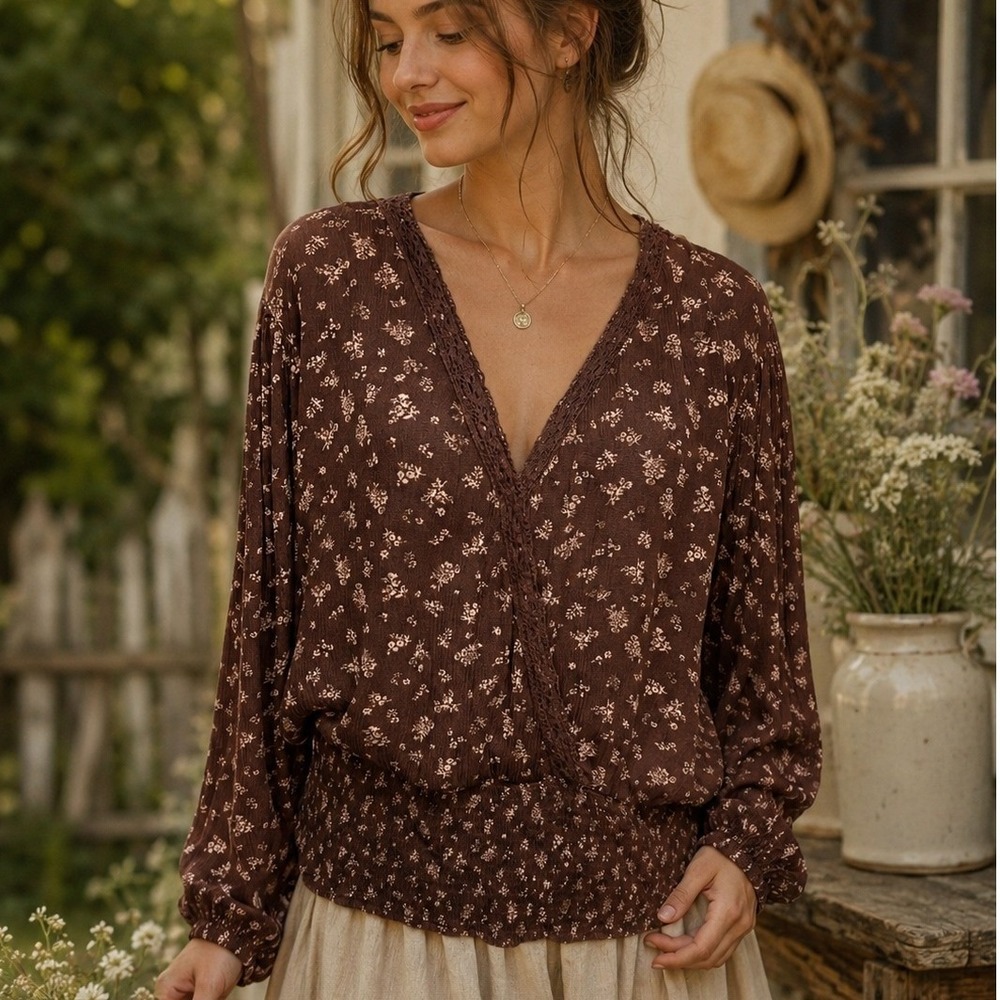Maurices Boho Floral Blouse Brown Smocked Waist Surplice Neck Cottagecore XXL
